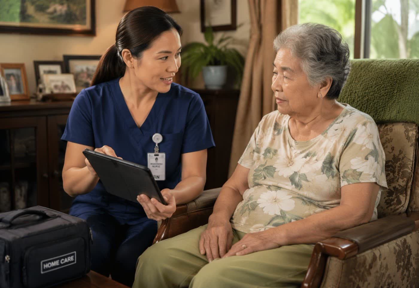CNA reviewing care details with a client at home
